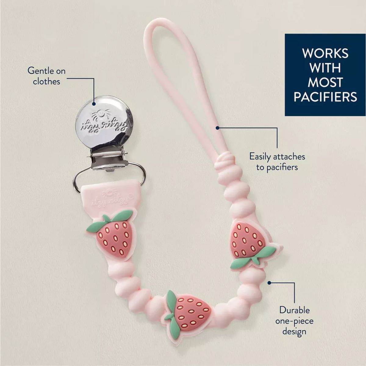 Itzy Ritzy Beaded Pacifier Clip - Strawberry - Secure, Fabric-Friendly Clip