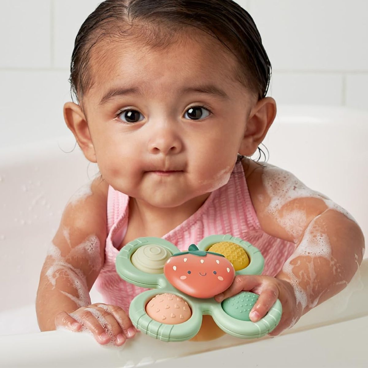 Itzy Ritzy Pop & Whirl Fidget Spinner Travel & Bath Toy - Strawberry - Supports Early Development